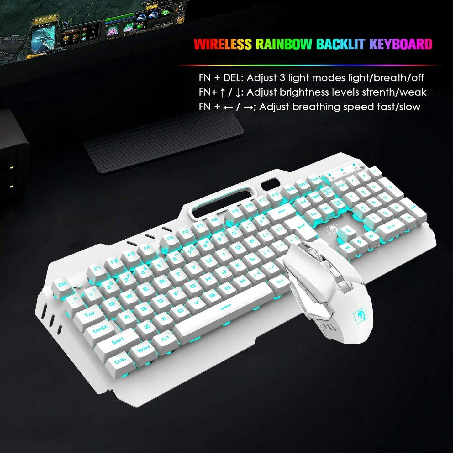 104 Keys Rechargeable Wireless Gaming Keyboard And Mouse Set White Blue Backlit
